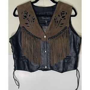 UNIK Womens Black Leather Motorcycle Vest XL Snap Front Biker NWT